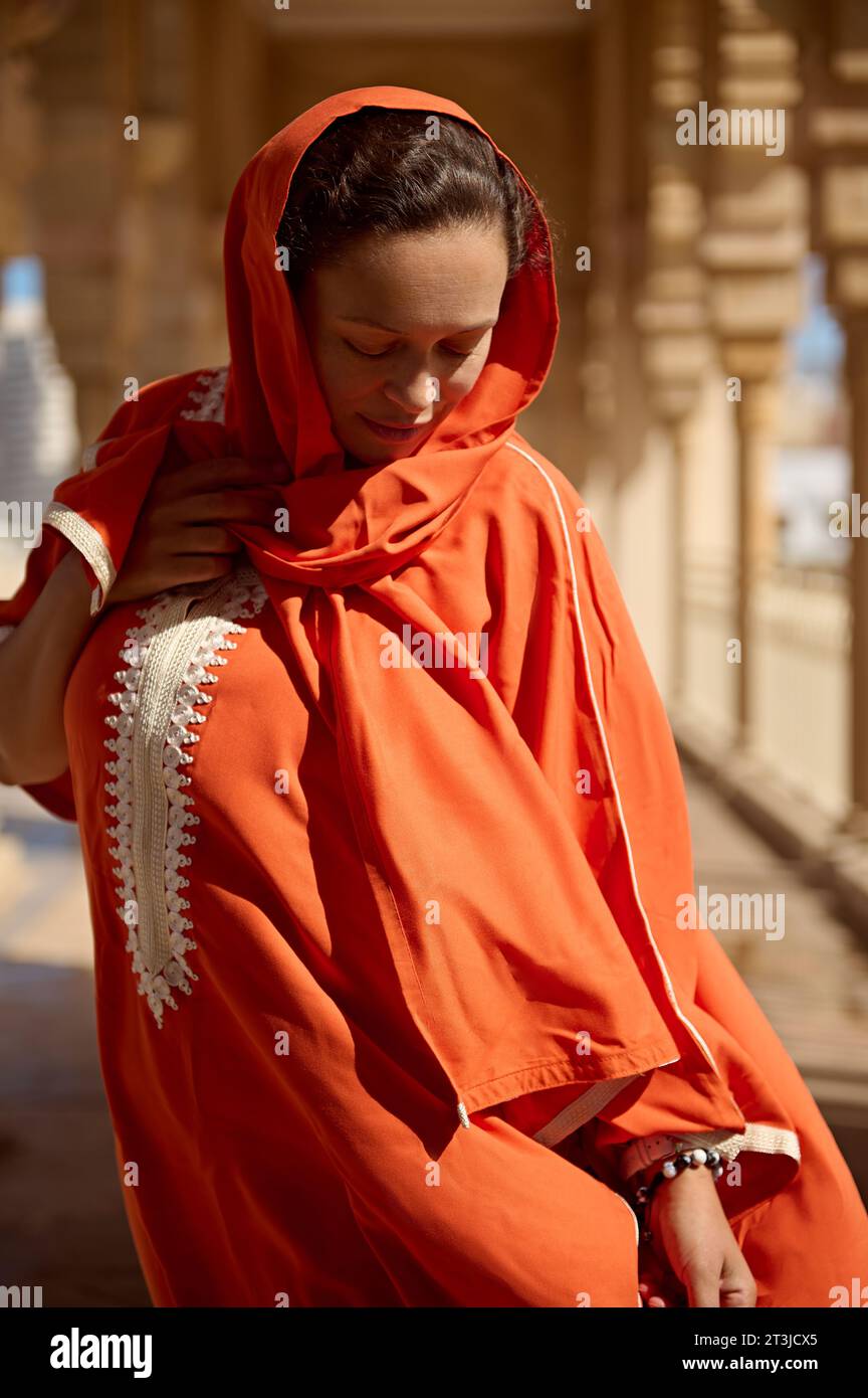Authentic portrait of Middle Eastern pretty woman with head covered in ...
