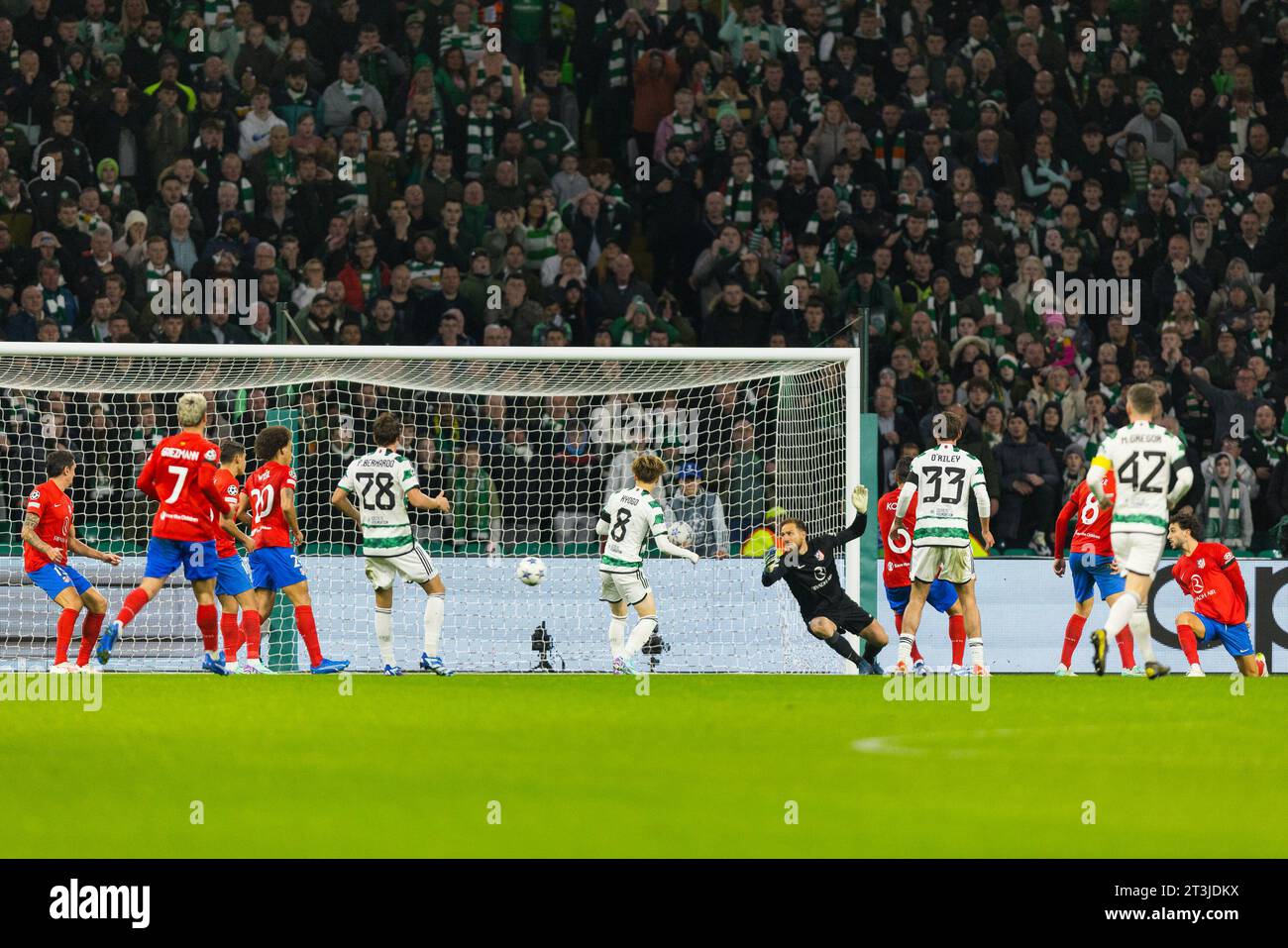 Glasgow, Scotland. 25 October 2023. Luis Palma (7 Celtic) scores a