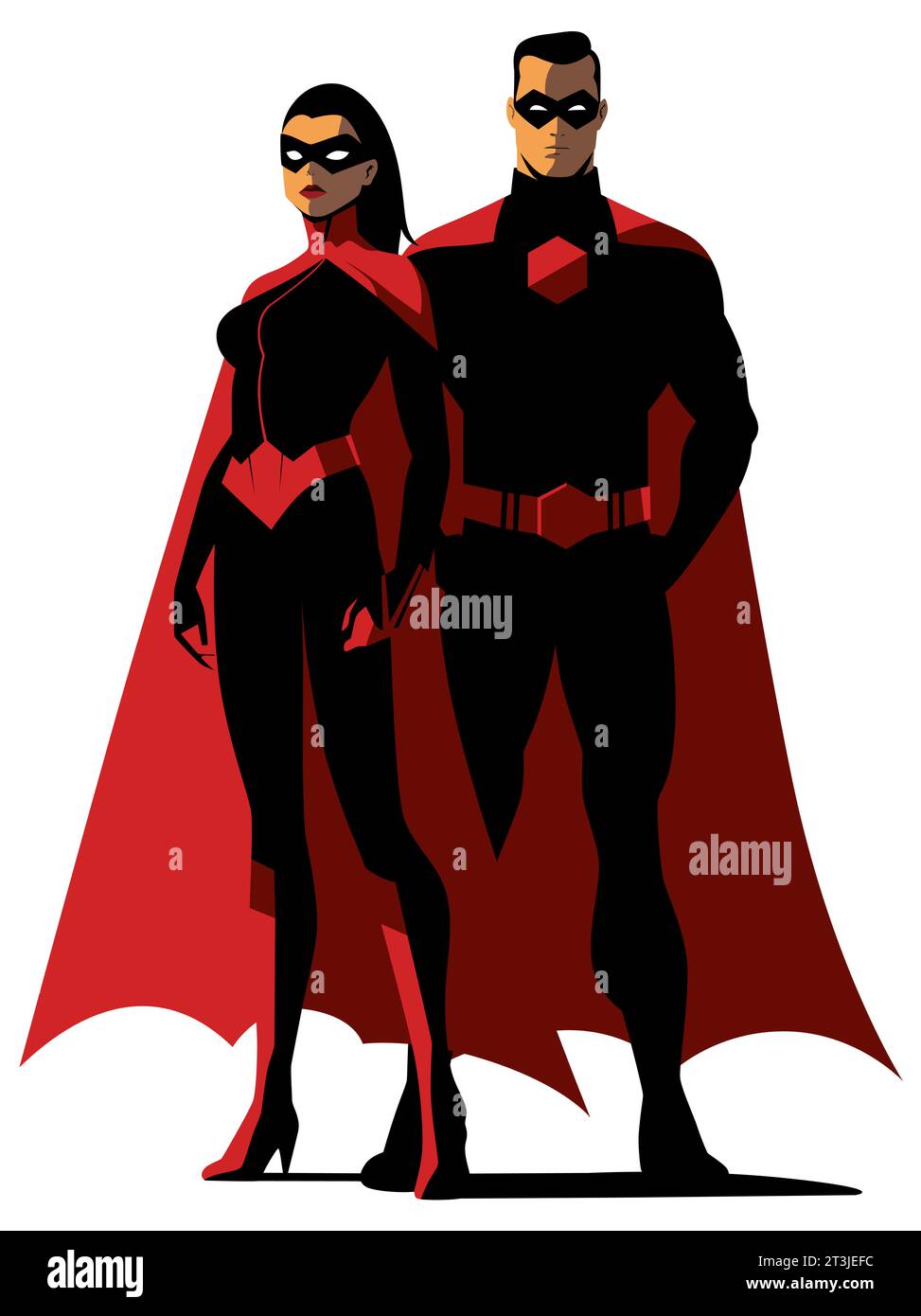 Two superheroes stand confidently, draped in flowing red capes. The