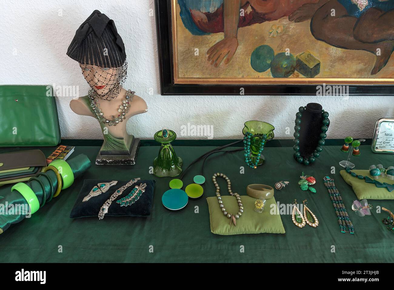 Jewellery decorated on a green cloth, Bavaria, Germany Stock Photo