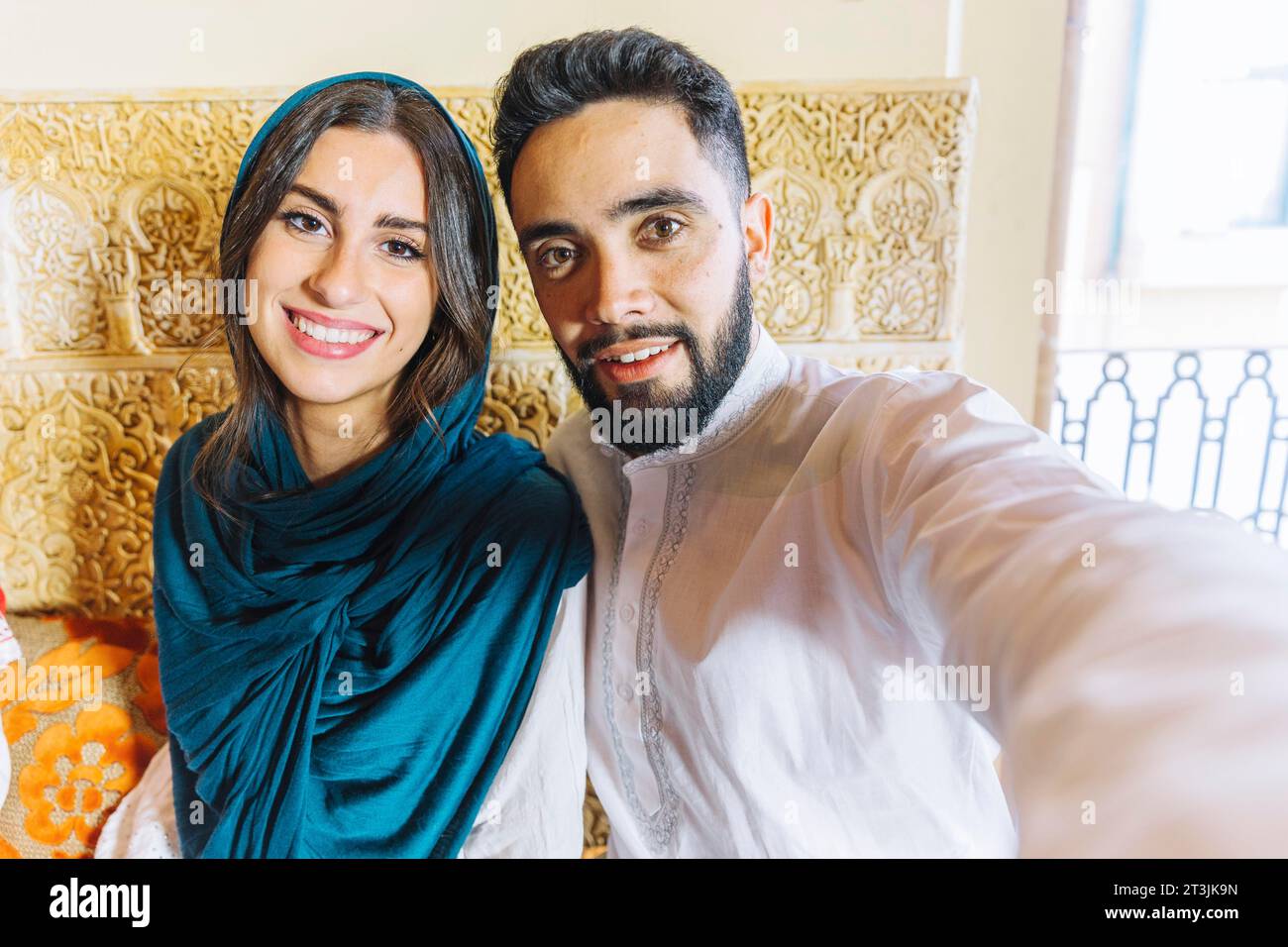 Group friends taking selfie arab restaurant Stock Photo