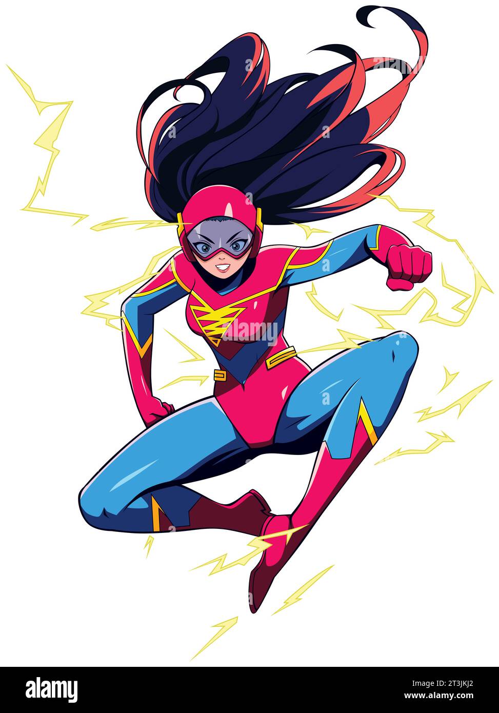 Vibrant superheroine soars through the air. Clad in a bold red, blue