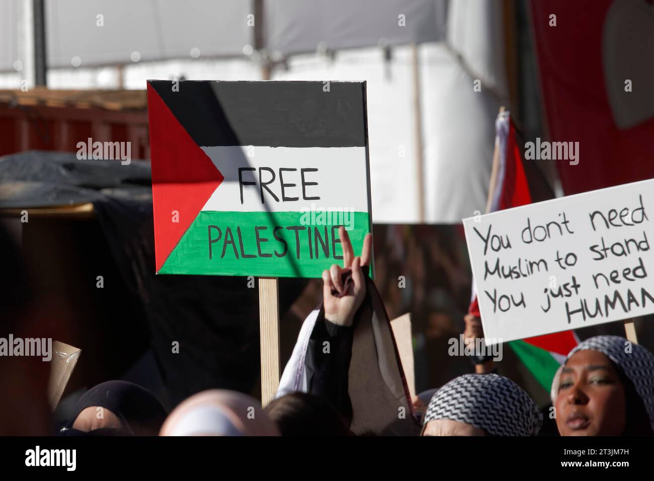 Free Palestine sign, pro-Palestinian rally to condemn war crimes against the civilian population in Gaza on 21.10.2023 in Duesseldorf, North Stock Photo