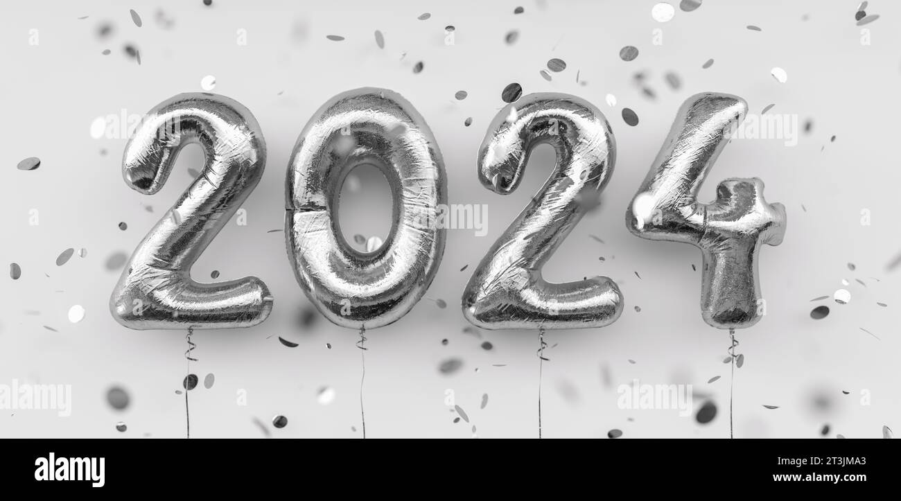 Happy New 2024 Year. 2024 silver foil balloons and falling confetti on