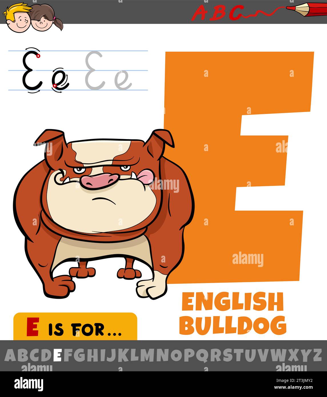 Educational cartoon illustration of letter E from alphabet with English bulldog animal character Stock Vector