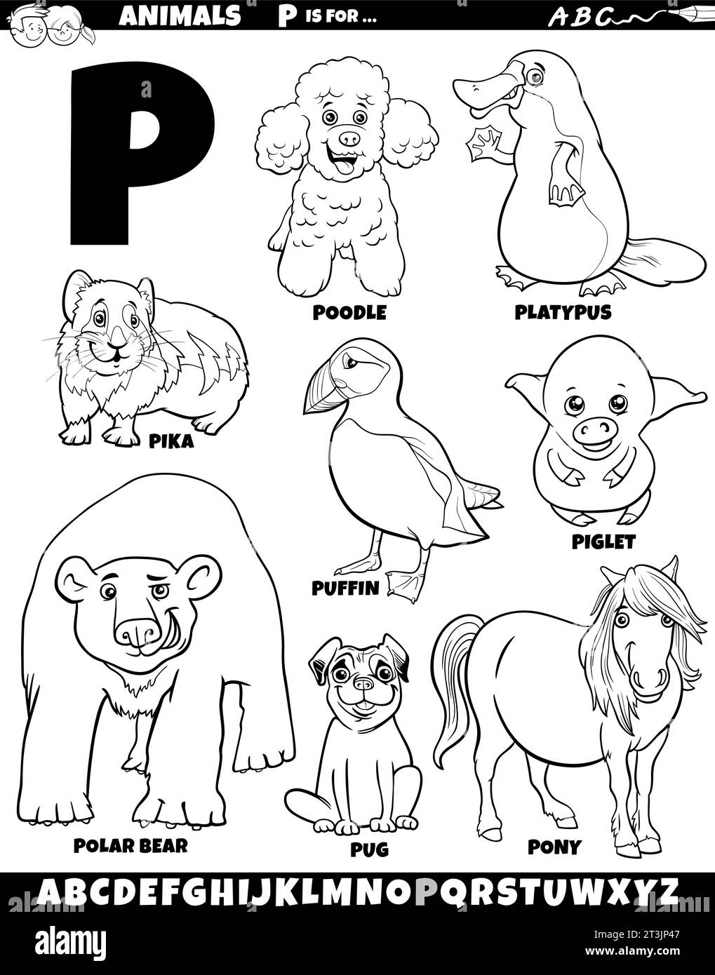 Cartoon illustration of animal characters set for letter P coloring page Stock Vector