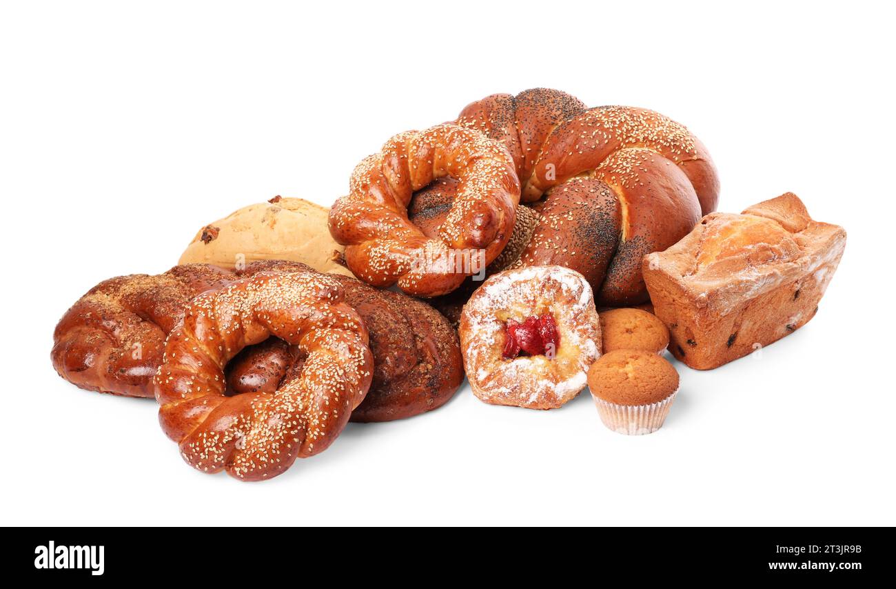 Different tasty freshly baked pastries isolated on white Stock Photo ...