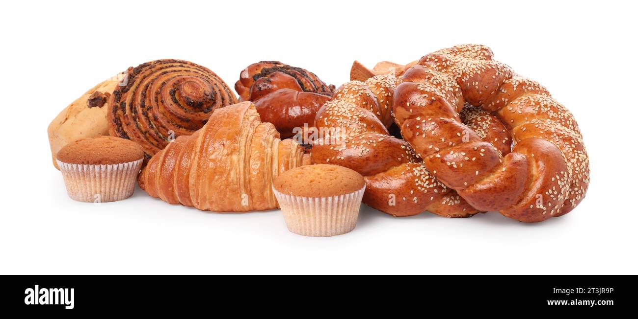 Different tasty freshly baked pastries isolated on white Stock Photo ...