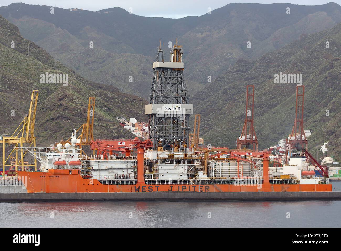 West Jupiter, a 60,000 ton Panama flagged drilling ship owned by Seadrill Carina Ltd, berthed at Santa Cruz, Tenerife, Canary Islands, April 2022. Stock Photo