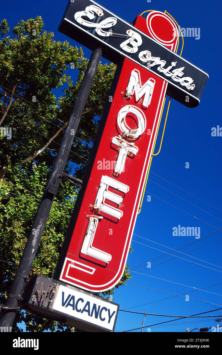 A classic sign of the El Monte Hotel in the Napa Valley of California lures in customers with the red metal design Stock Photo