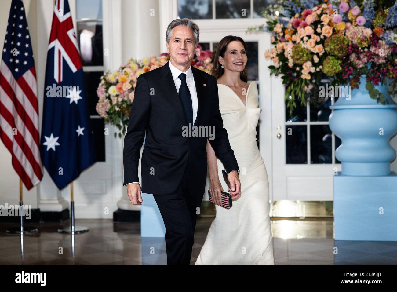 Washington, United States. 25th Oct, 2023. US Secretary of State Antony Blinken (L) and spouse Evan Ryan arrive for the state dinner in honor of Australian Prime Minister Anthony Albanese at the White House in Washington, DC on Wednesday, October 25, 2023. Photo by Tierney Cross/UPI Credit: UPI/Alamy Live News Stock Photo
