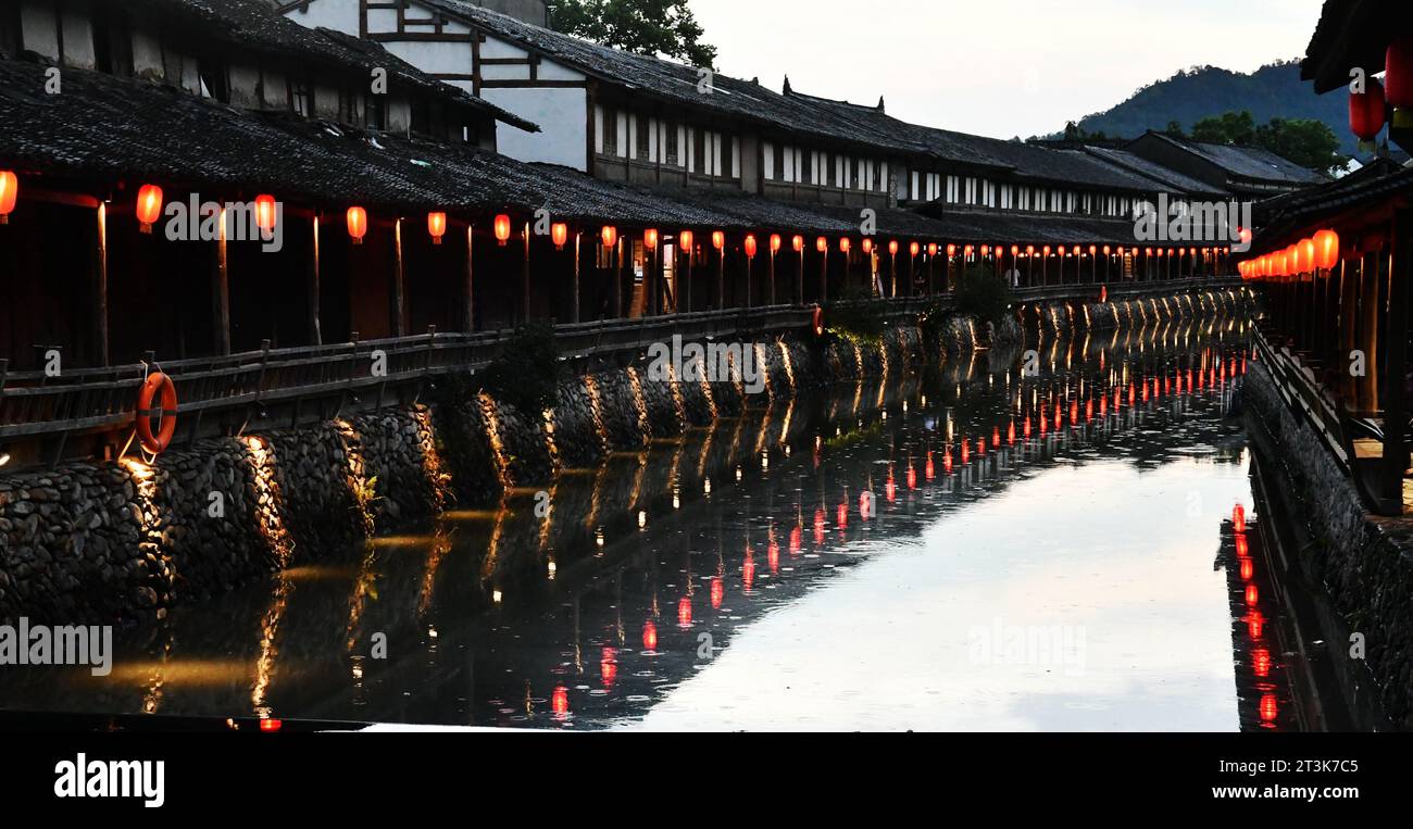 Night view photo of a traditional Chinese style corridor, with ...