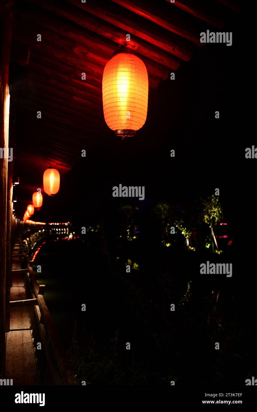 Night view photo of traditional Chinese style corridor, with ...