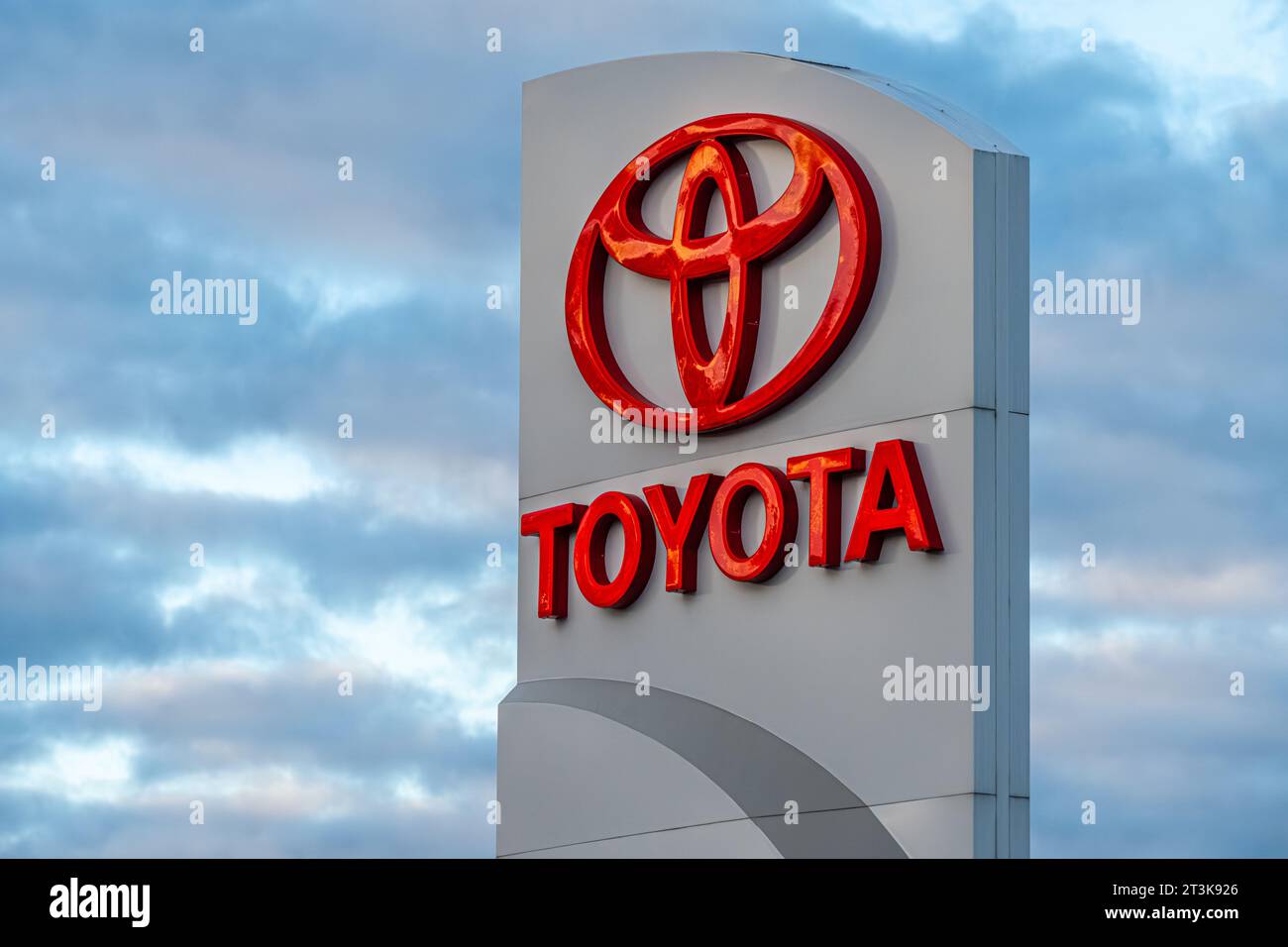 Toyota auto dealership sign at sunrise in Lilburn, Georgia, just east of Atlanta. (USA) Stock Photo