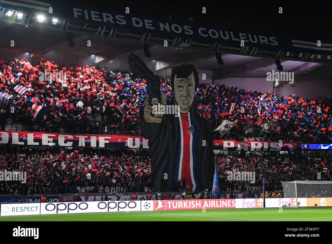 Paris, France 25/10/2023, PSG supporters deploy a giant tifo representing French actor Jean-Paul BELMONDO during the UEFA Champions League, Group F football match between Paris Saint-Germain and AC Milan on October 25, 2023 at Parc des Princes stadium in Paris, France Stock Photo