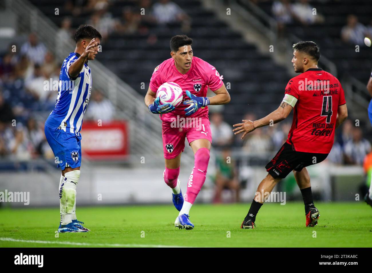 Monterrey, Mexico. 25th Oct, 2023. October 25th 2023, Estádio BBVA, Monterrey, Mexico: Liga BBVA MX postponed 4th round match between Monterrey Rayados and Club Tijuana Xolos. #1 Goalkeeper Rayados, Esteban Andrada with the ball after a save. Mandatory Credit: Toby Tande/PXImages Credit: Px Images/Alamy Live News Stock Photo