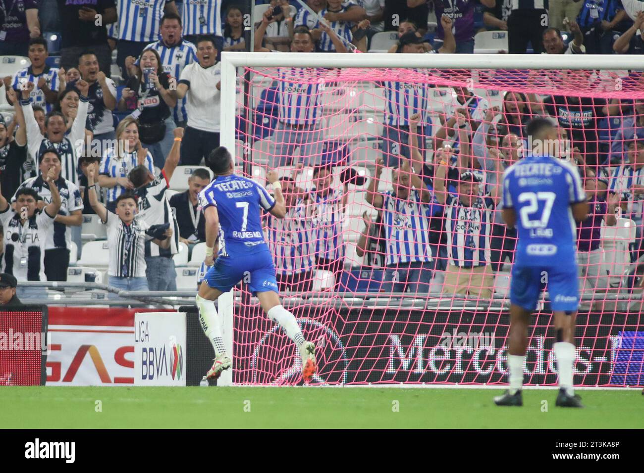 Monterrey, Mexico. 25th Oct, 2023. October 25th 2023, Estádio BBVA, Monterrey, Mexico: Liga BBVA MX postponed 4th round match between Monterrey Rayados and Club Tijuana Xolos. #7 Attacker Rayados, Rogelio Funes Mori celebrates scoring his sides first goal of the match Mandatory Credit: Toby Tande/PXImages Credit: Px Images/Alamy Live News Stock Photo