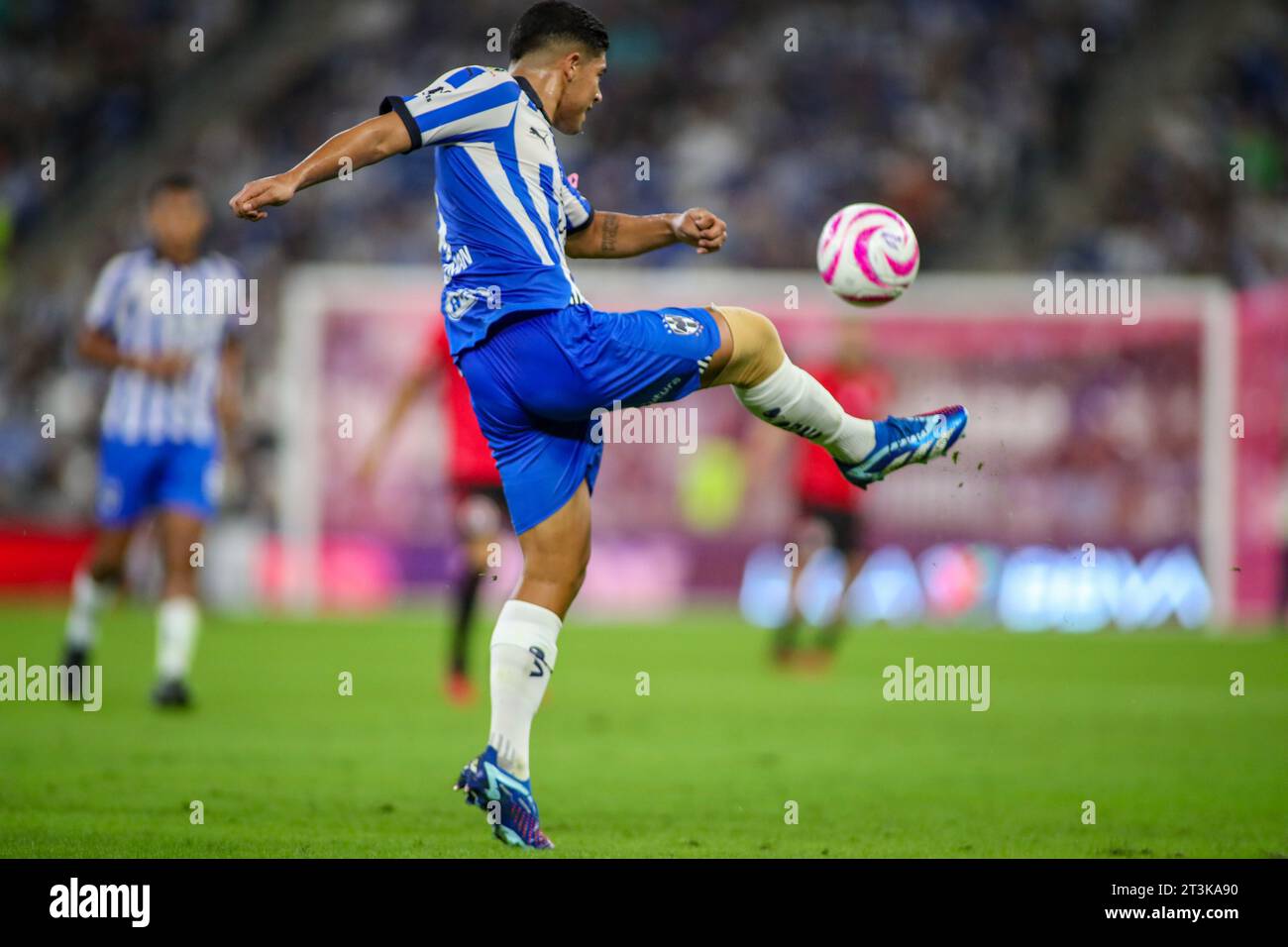 Monterrey, Mexico. 25th Oct, 2023. October 25th 2023, Estádio BBVA, Monterrey, Mexico: Liga BBVA MX postponed 4th round match between Monterrey Rayados and Club Tijuana Xolos. #4 Defender Rayados, Víctor Guzmán clears the ball. Mandatory Credit: Toby Tande/PXImages Credit: Px Images/Alamy Live News Stock Photo