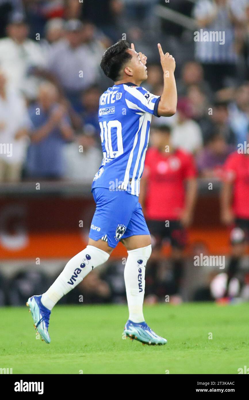 Monterrey, Mexico. 25th Oct, 2023. October 25th 2023, Estádio BBVA, Monterrey, Mexico: Liga BBVA MX postponed 4th round match between Monterrey Rayados and Club Tijuana Xolos. #210 Rayados player Lopez celebrates scoring his sides third goal of the match Mandatory Credit: Toby Tande/PXImages Credit: Px Images/Alamy Live News Stock Photo