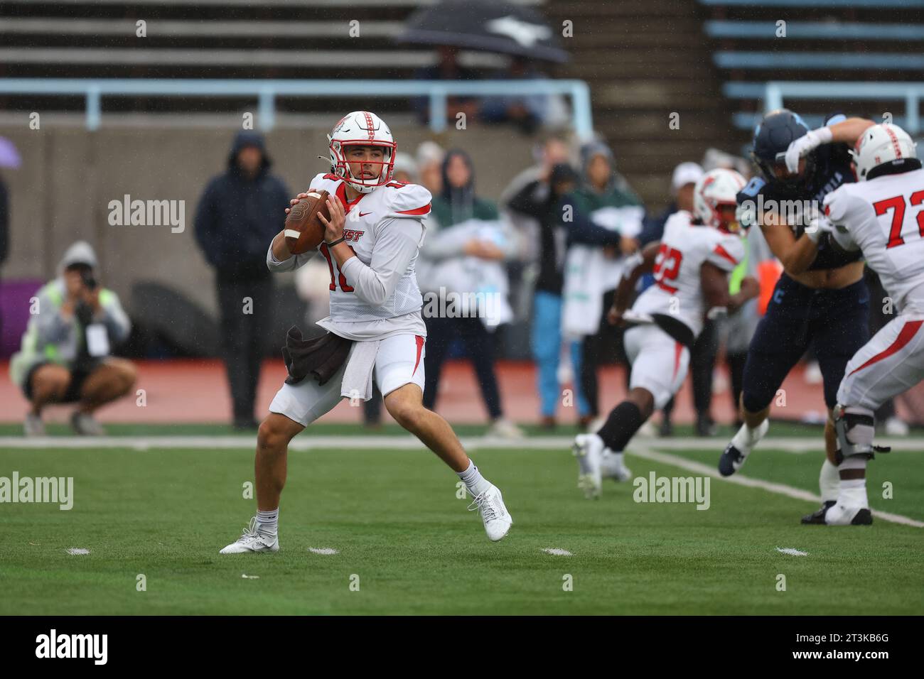 Marist Red Foxes quarterback Brock Bagozzi #18 goes back to pass during action in the NCAA football game against the Columbia Lions at Robert K. Kraft Field at Lawrence A. Wien Stadium in New York , New York , Saturday, Oct. 7, 2023. (Photo: Gordon Donovan) Stock Photo