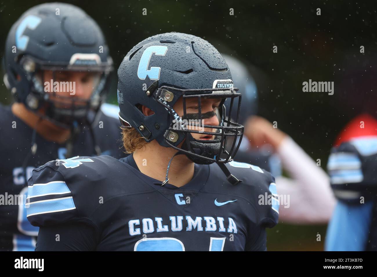 Columbia Lions players run out on the field field before the NCAA football game against the Marist Red Foxes at Robert K. Kraft Field at Lawrence A. Wien Stadium in New York , New York , Saturday, Oct. 7, 2023. (Photo: Gordon Donovan) Stock Photo