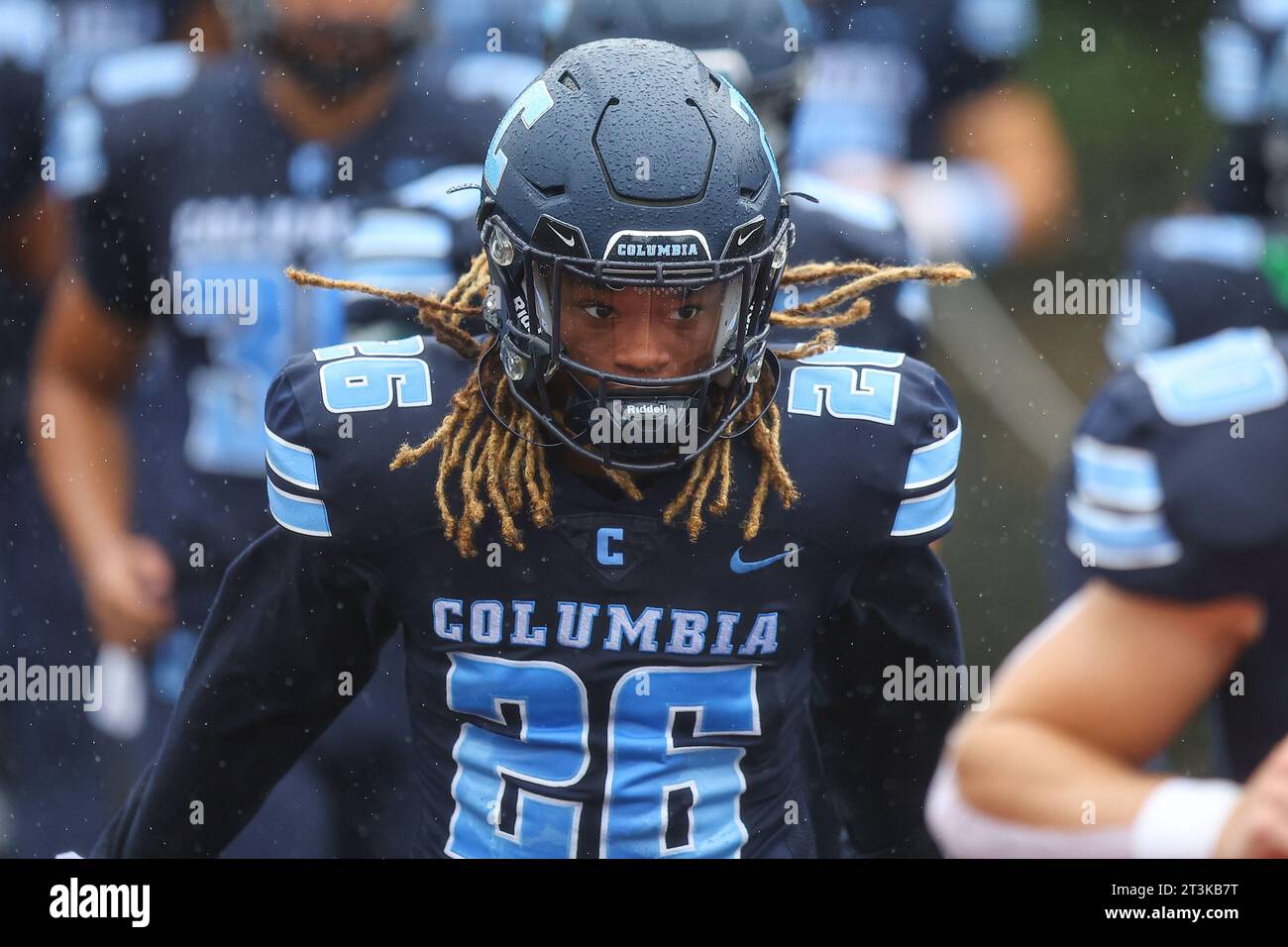 Columbia Lions defensive back Mason Tomlin #26 comes out on the field before the NCAA football game against the Marist Red Foxes at Robert K. Kraft Field at Lawrence A. Wien Stadium in New York , New York , Saturday, Oct. 7, 2023. Tomlin is the son of Pittsburgh Steelers head coach Mike Tomlin. (Photo: Gordon Donovan) Stock Photo