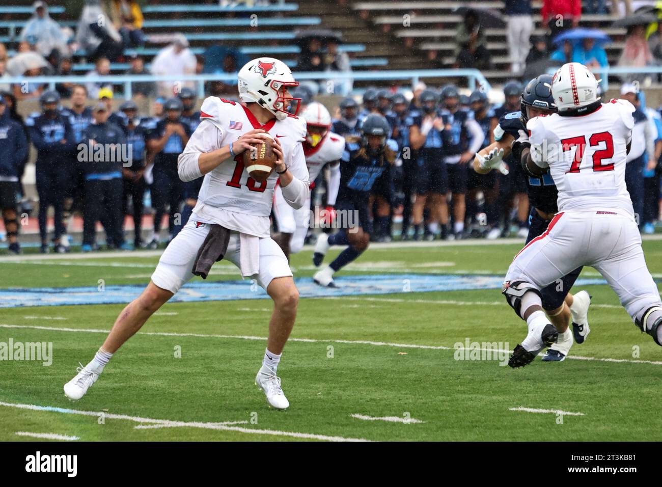 Marist Red Foxes quarterback Logan Brabham #8  goes back to pass during action in the NCAA football game against the Columbia Lions at Robert K. Kraft Field at Lawrence A. Wien Stadium in New York , New York , Saturday, Oct. 7, 2023. (Photo: Gordon Donovan) Stock Photo