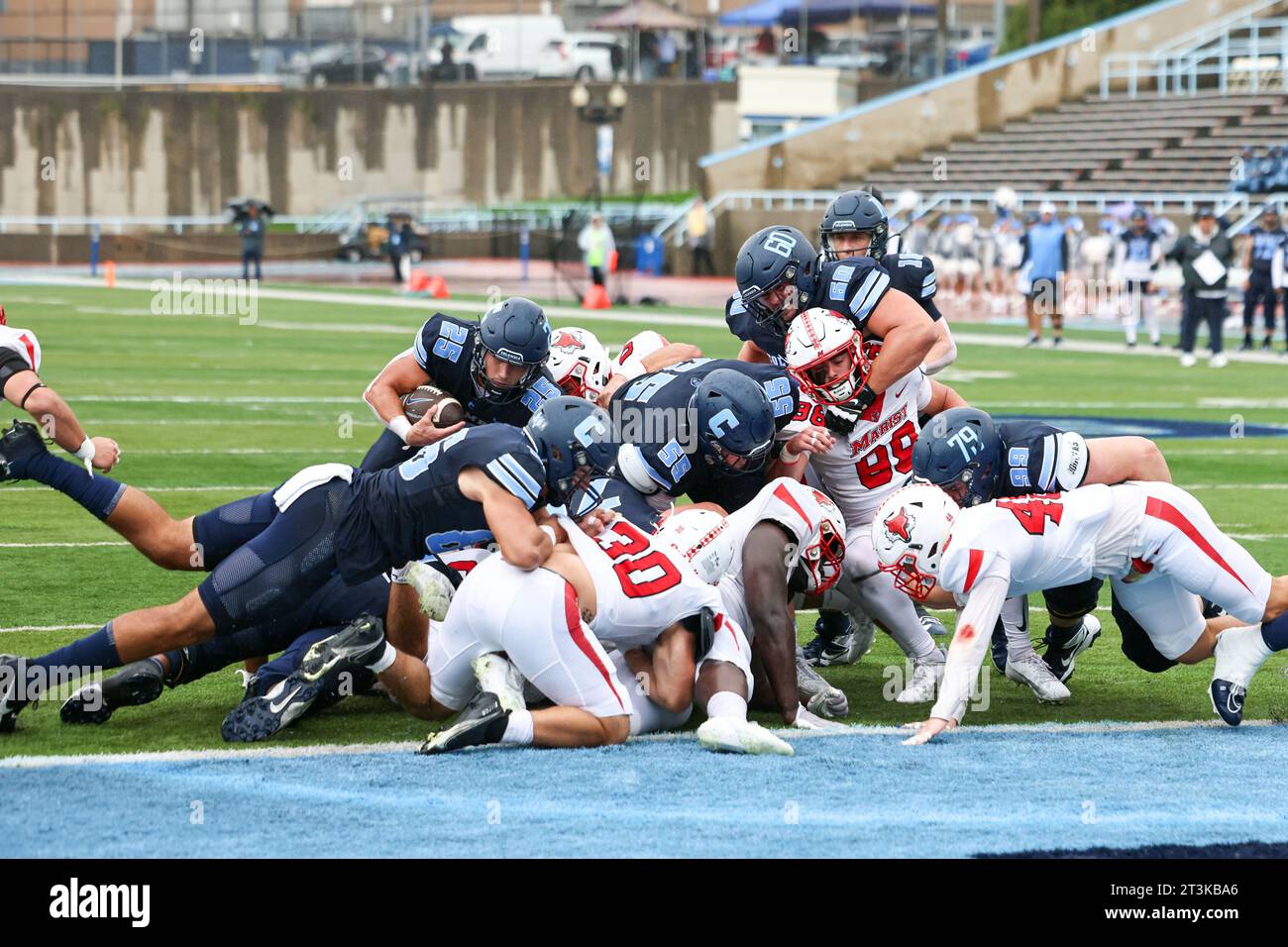 Columbia Lions running back Joey Giorgi #25 is stoped short of the goal line during action in the NCAA football game against the Marist Red Foxes at Robert K. Kraft Field at Lawrence A. Wien Stadium in New York , New York , Saturday, Oct. 7, 2023. (Photo: Gordon Donovan) Stock Photo
