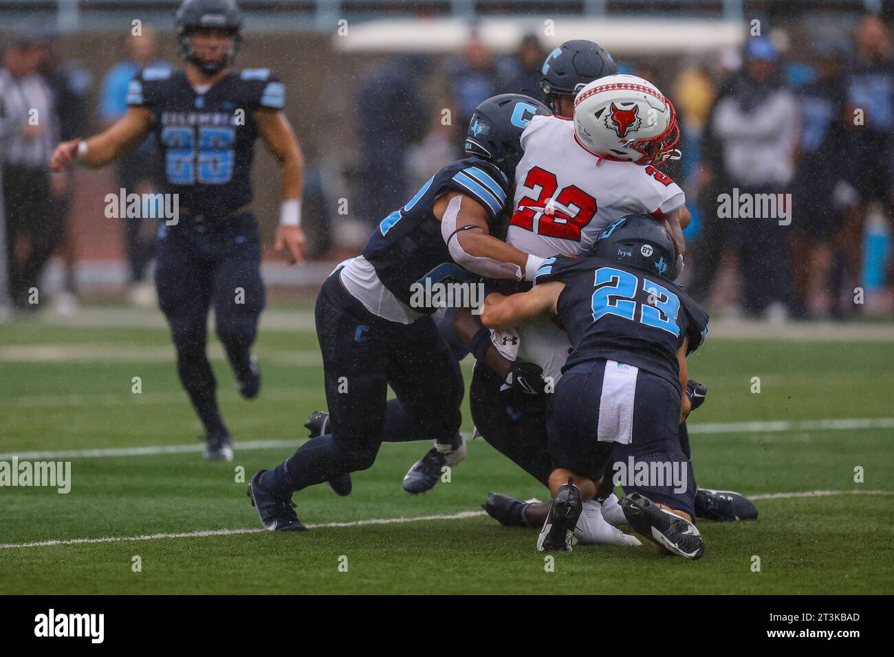 Marist Red Foxes running back Tristan Shannon #22 is stuff by Lions defense during action in the NCAA football game against the Columbia Lions at Robert K. Kraft Field at Lawrence A. Wien Stadium in New York , New York , Saturday, Oct. 7, 2023. (Photo: Gordon Donovan) Stock Photo