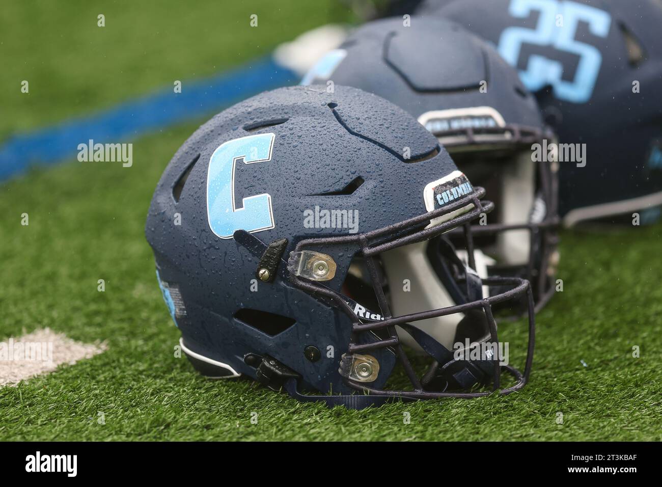 Columbia Lions helmets are placed on field before the NCAA football game against the Marist Red Foxes at Robert K. Kraft Field at Lawrence A. Wien Stadium in New York , New York , Saturday, Oct. 7, 2023. (Photo: Gordon Donovan) Stock Photo