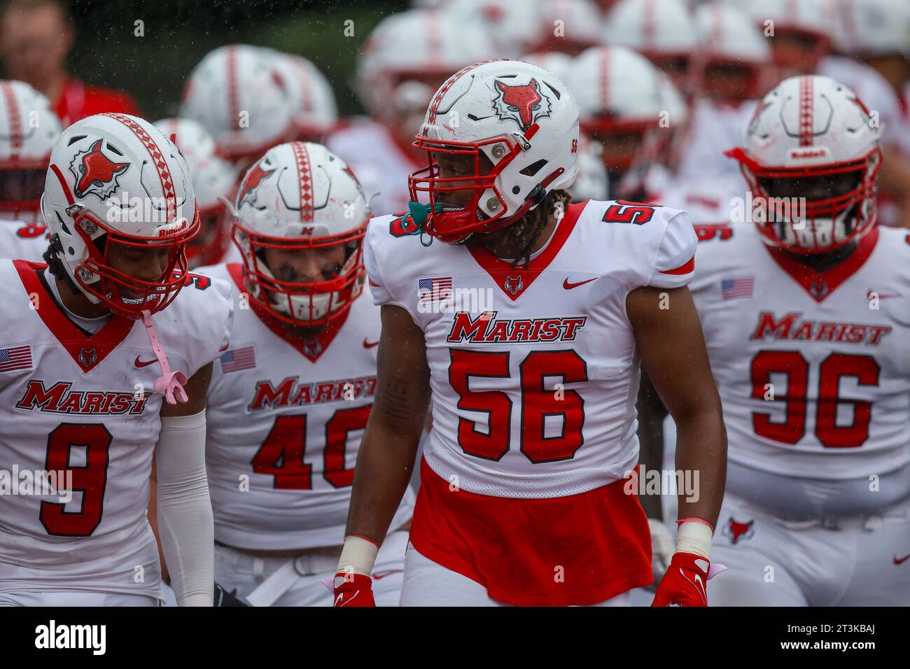 Marist Red Foxes players run out on the field before the NCAA football game against the Columbia Lions at Robert K. Kraft Field at Lawrence A. Wien Stadium in New York , New York , Saturday, Oct. 7, 2023. (Photo: Gordon Donovan) Stock Photo