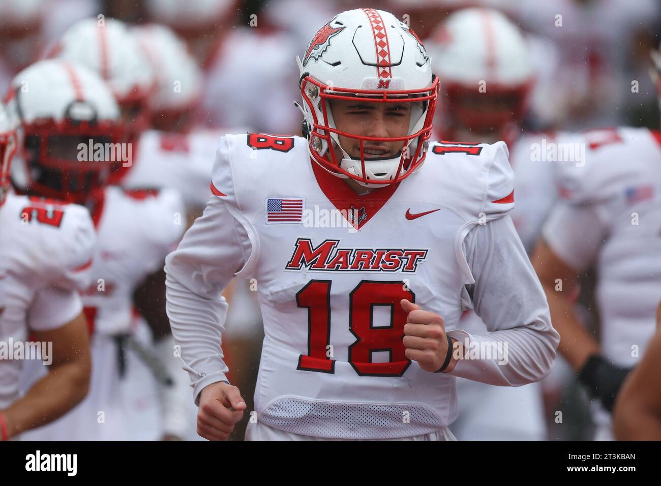 Marist Red Foxes quarterback Brock Bagozzi #18 runs out on the field before the NCAA football game against the Columbia Lions at Robert K. Kraft Field at Lawrence A. Wien Stadium in New York , New York , Saturday, Oct. 7, 2023. (Photo: Gordon Donovan) Stock Photo