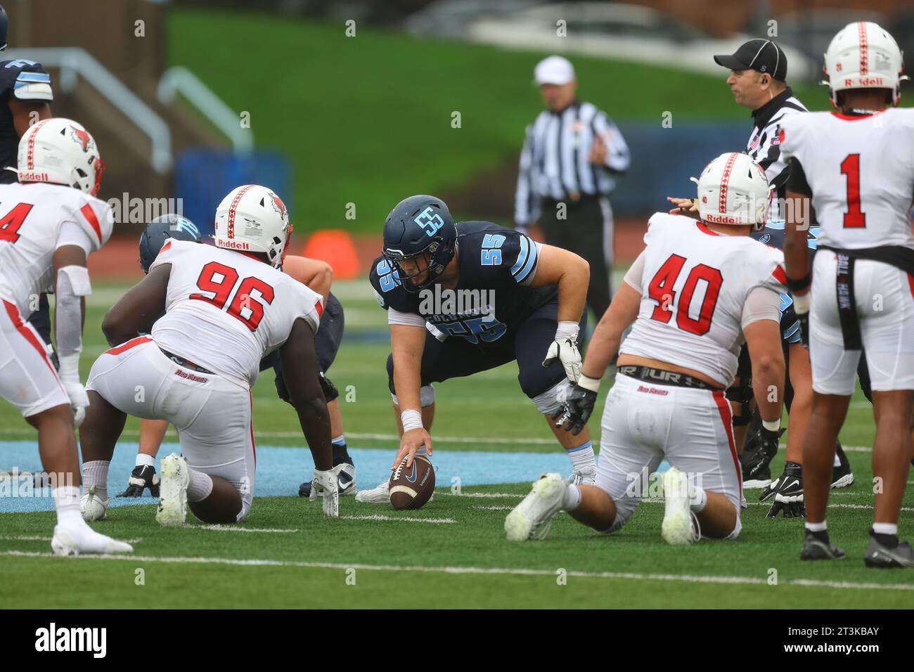 Columbia Lions offensive lineman Mark Chapman #55 during action in the NCAA football game against the Marist Red Foxes at Robert K. Kraft Field at Lawrence A. Wien Stadium in New York , New York , Saturday, Oct. 7, 2023. (Photo: Gordon Donovan) Stock Photo