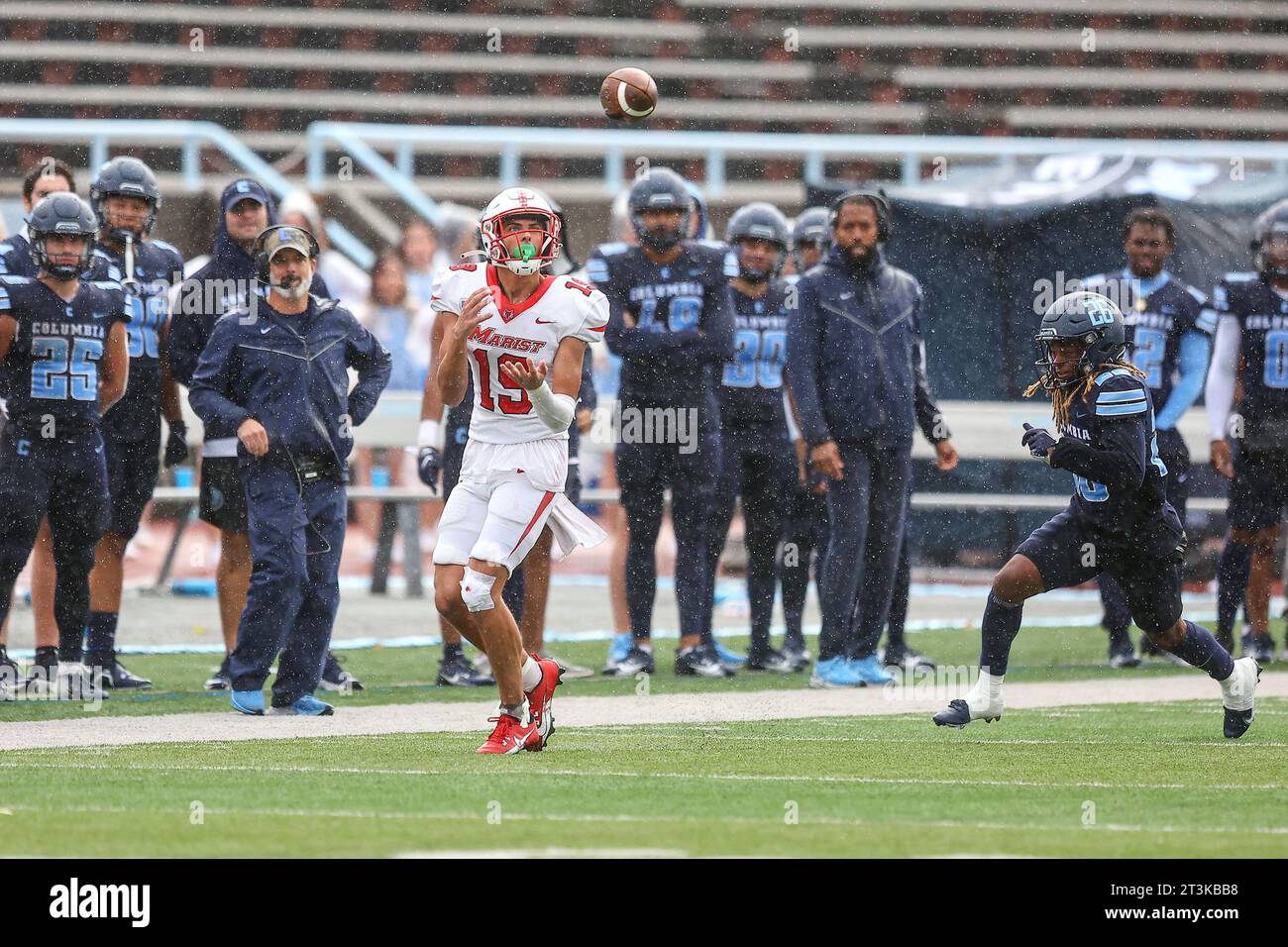 Marist Red Foxes wide receiver Matt Stianche #19 awaits the throw during action in the NCAA football game against the Columbia Lions at Robert K. Kraft Field at Lawrence A. Wien Stadium in New York , New York , Saturday, Oct. 7, 2023. (Photo: Gordon Donovan) Stock Photo