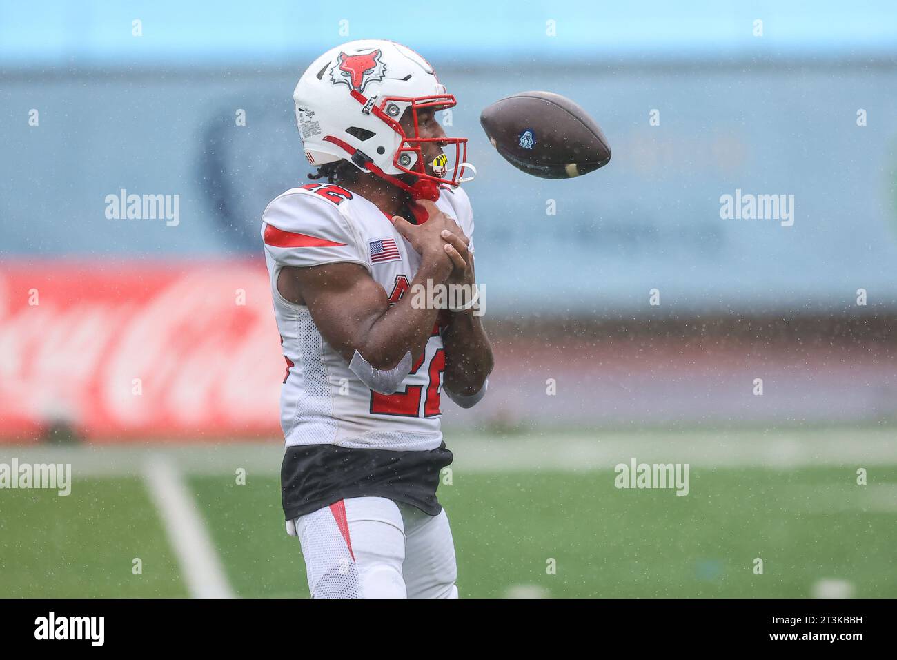 Marist Red Foxes running back Tristan Shannon #22 fumbles opening kickoff during action in the NCAA football game against the Columbia Lions at Robert K. Kraft Field at Lawrence A. Wien Stadium in New York , New York , Saturday, Oct. 7, 2023. (Photo: Gordon Donovan) Stock Photo