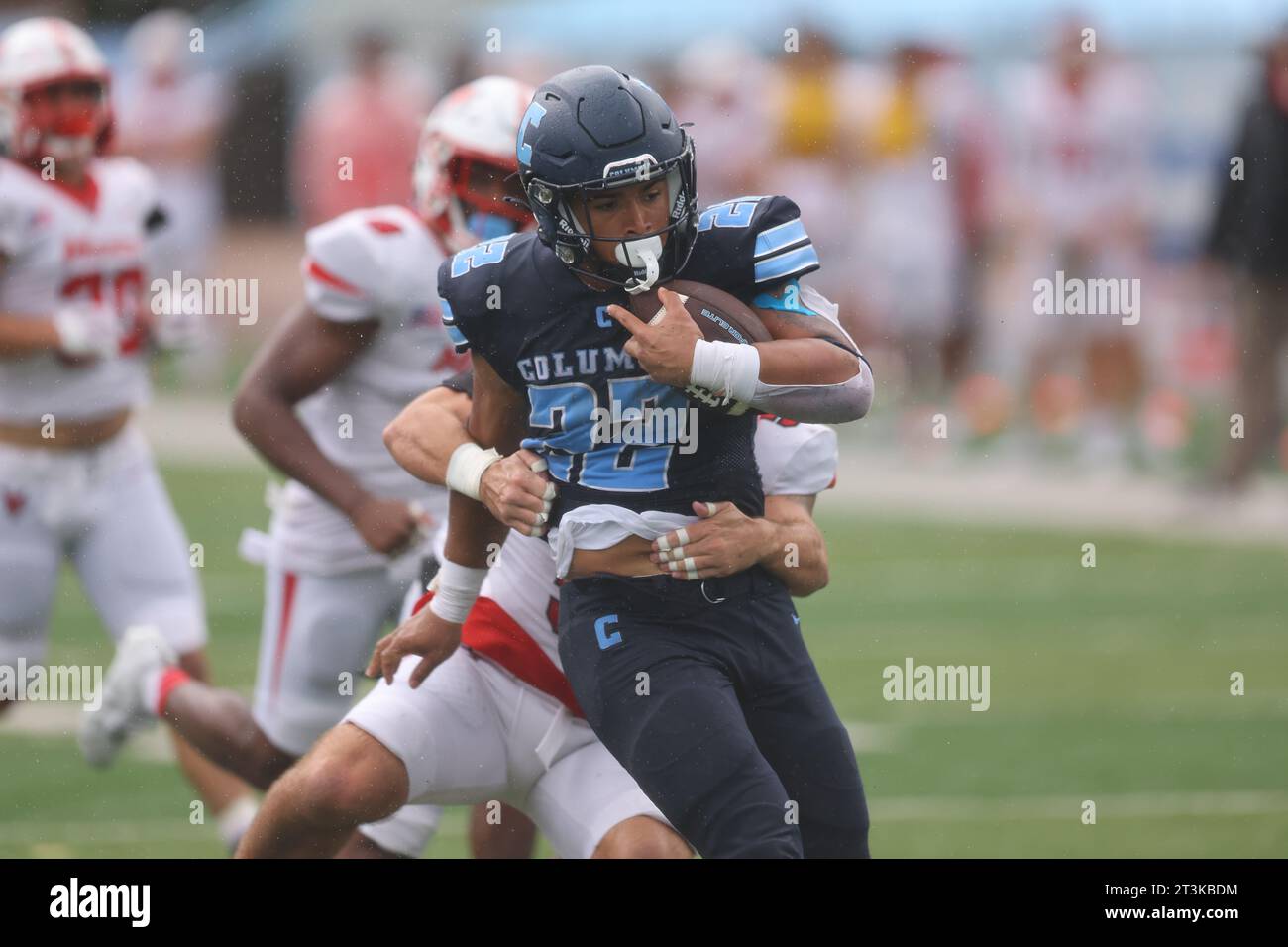 Columbia Lions running back Ty'son Edwards #22 scores a touchdown during action in the NCAA football game against the Marist Red Foxes at Robert K. Kraft Field at Lawrence A. Wien Stadium in New York , New York , Saturday, Oct. 7, 2023. (Photo: Gordon Donovan) Stock Photo