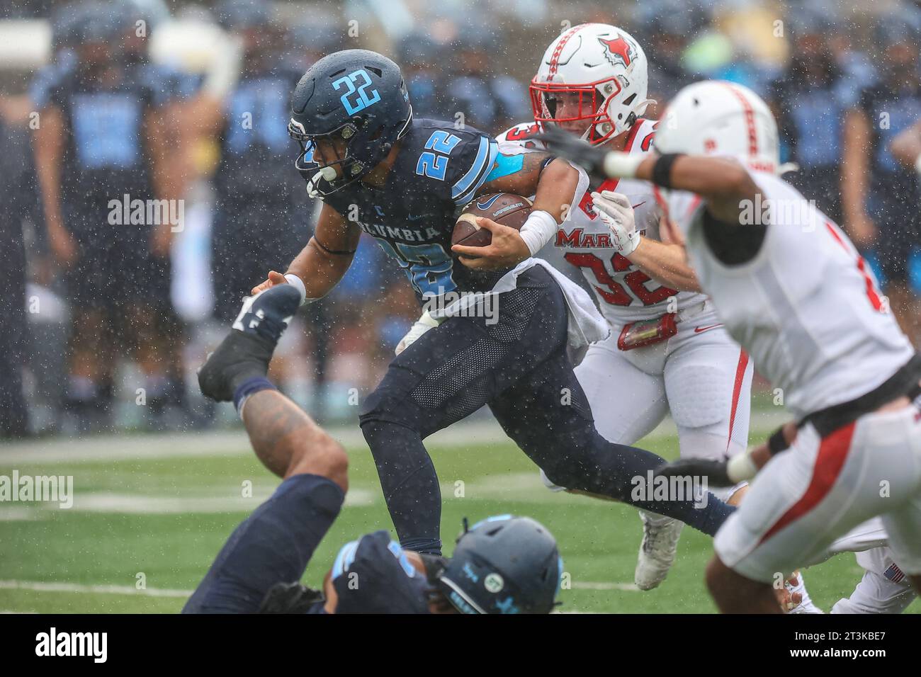 Columbia Lions running back Ty'son Edwards #22 breaks free at the line ...