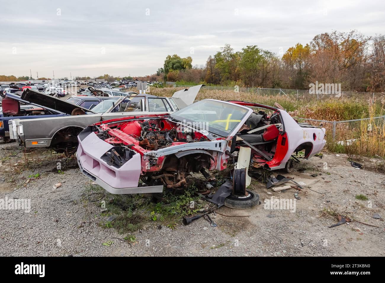 An old and disassembled American sports coupe in a junkyard Stock Photo