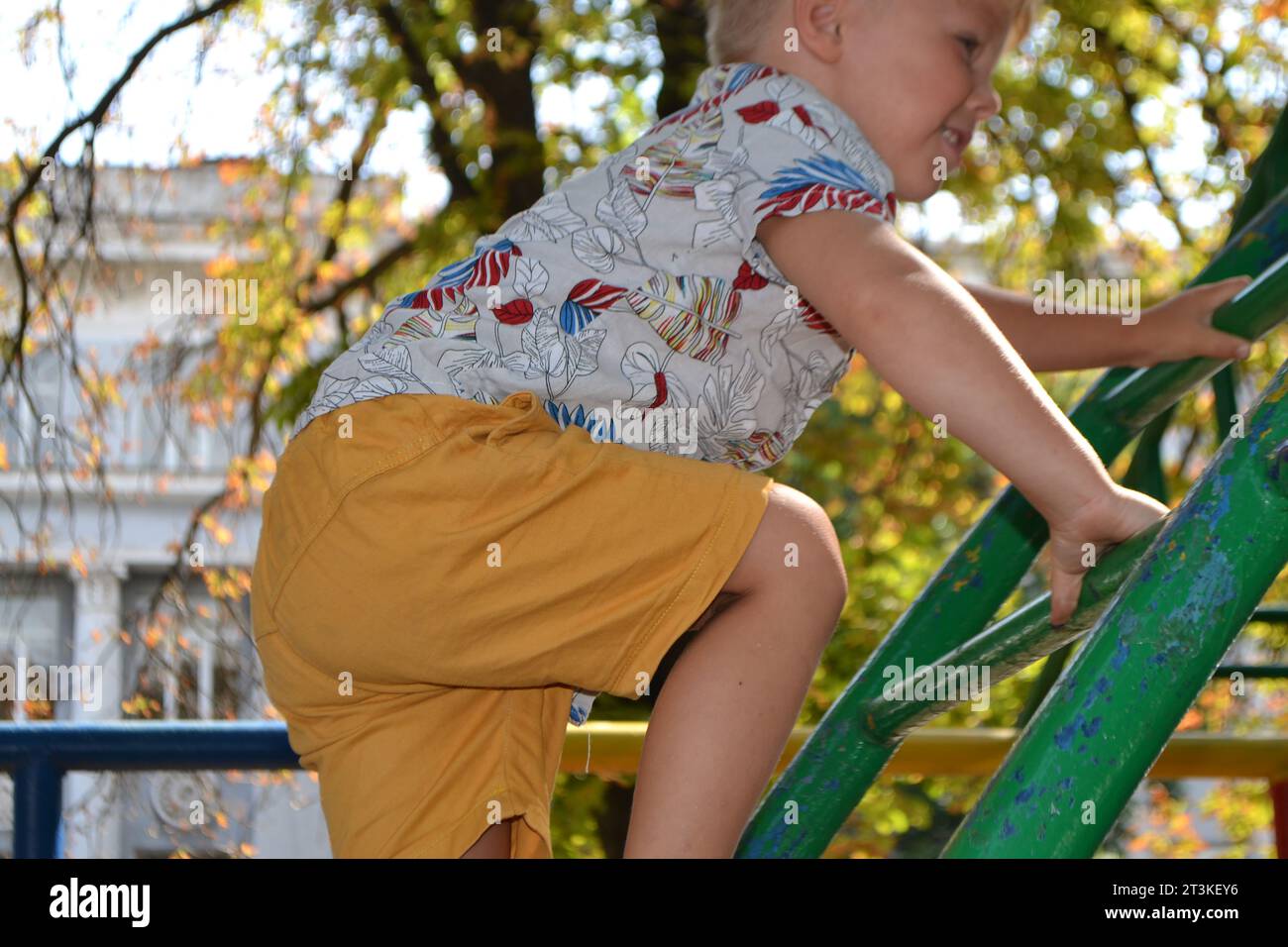 Little children run around and play in the playground. Game center for a young child. Little girl is playing outdoors. The concept of summer children' Stock Photo