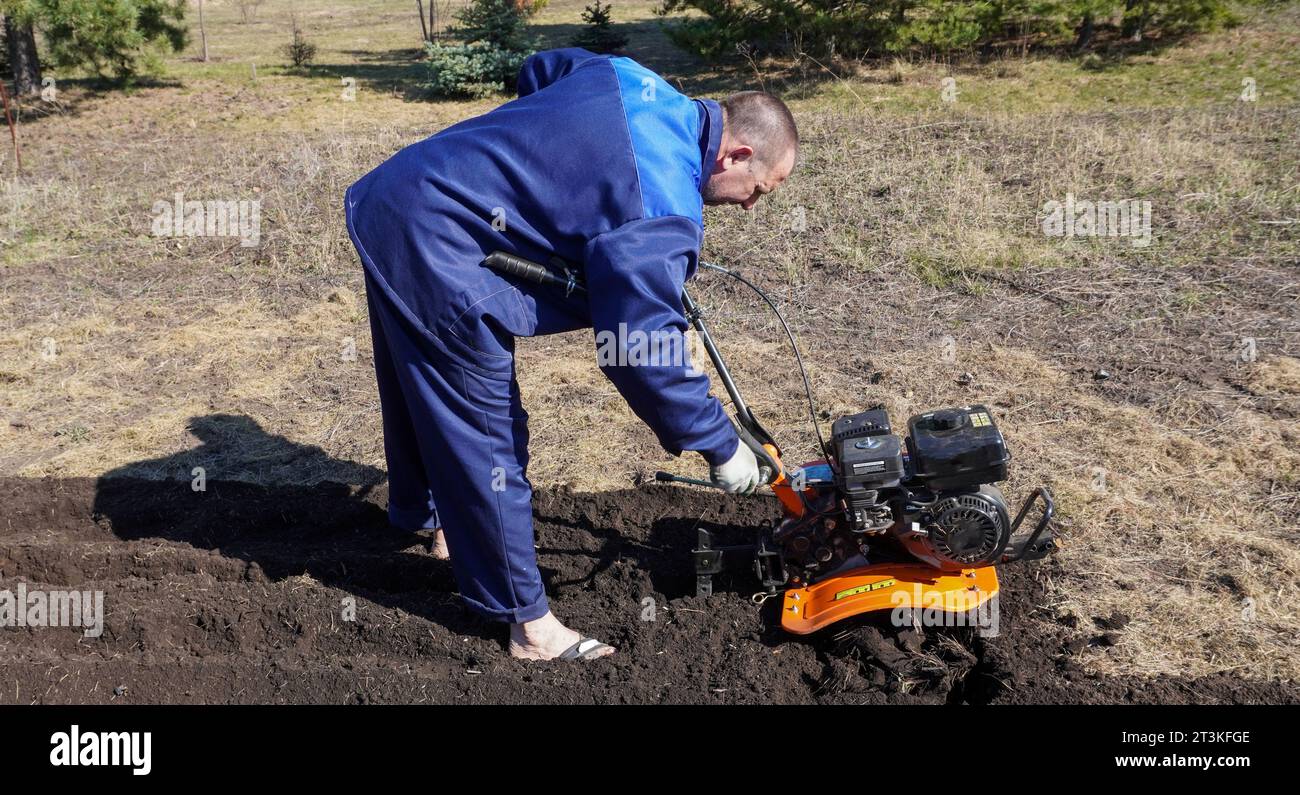 A man works in a vegetable garden in early spring. Digs the ground ...