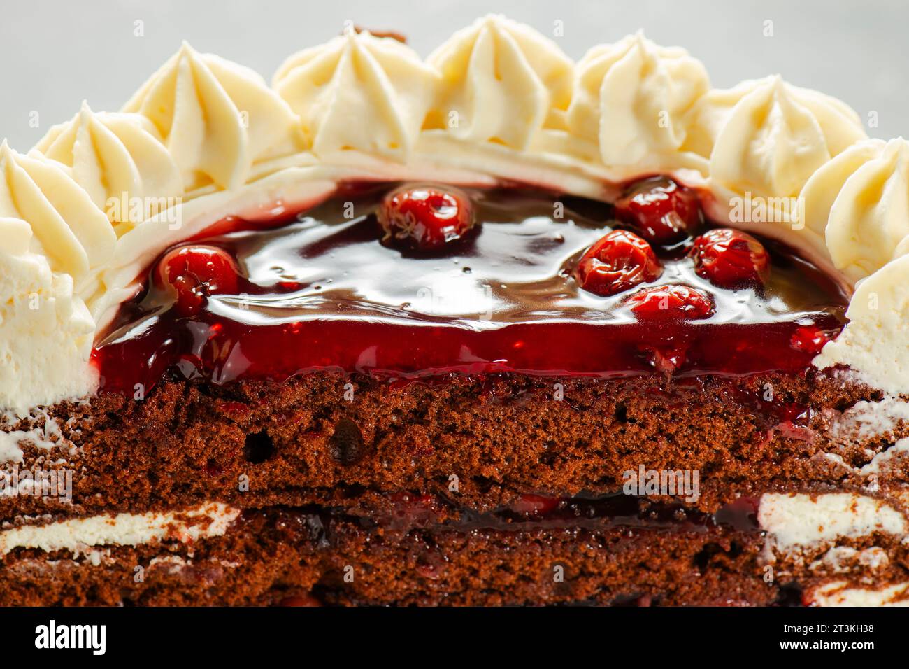 Black forest gateaux cake with a chocolate sponge, cherry compote, and Chantilly cream