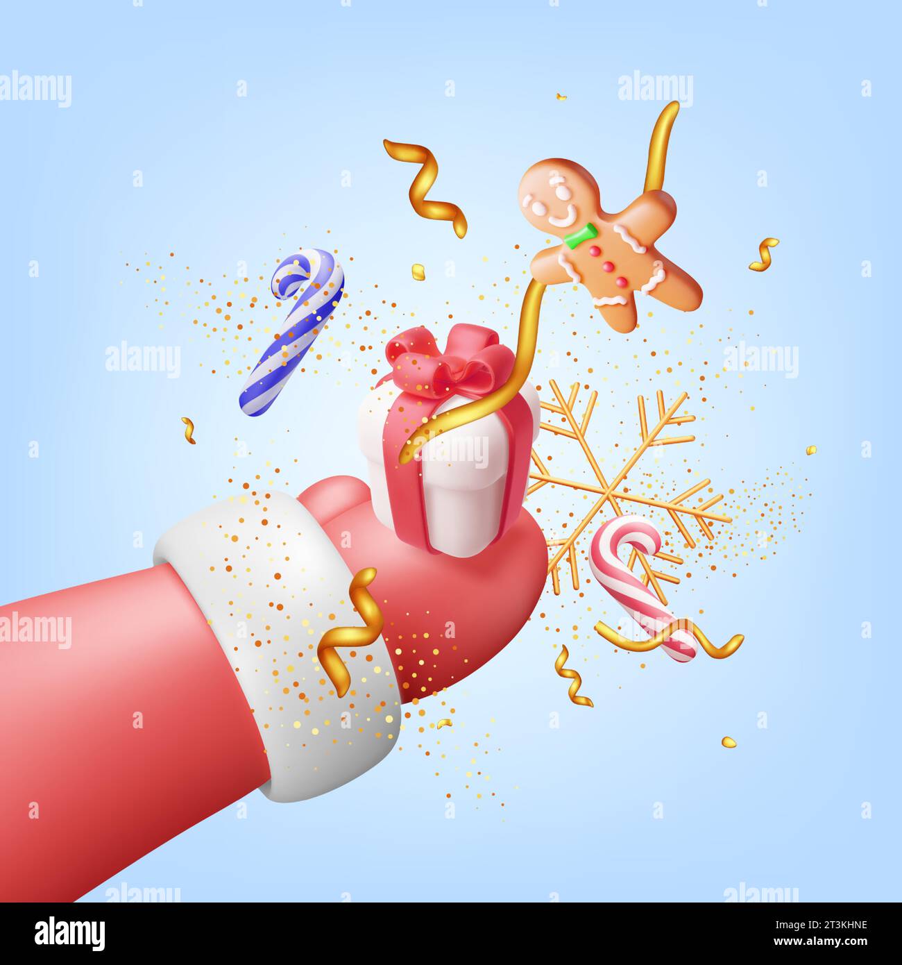 3D Christmas Santa Hand in Red Mitten with Gifts Stock Vector