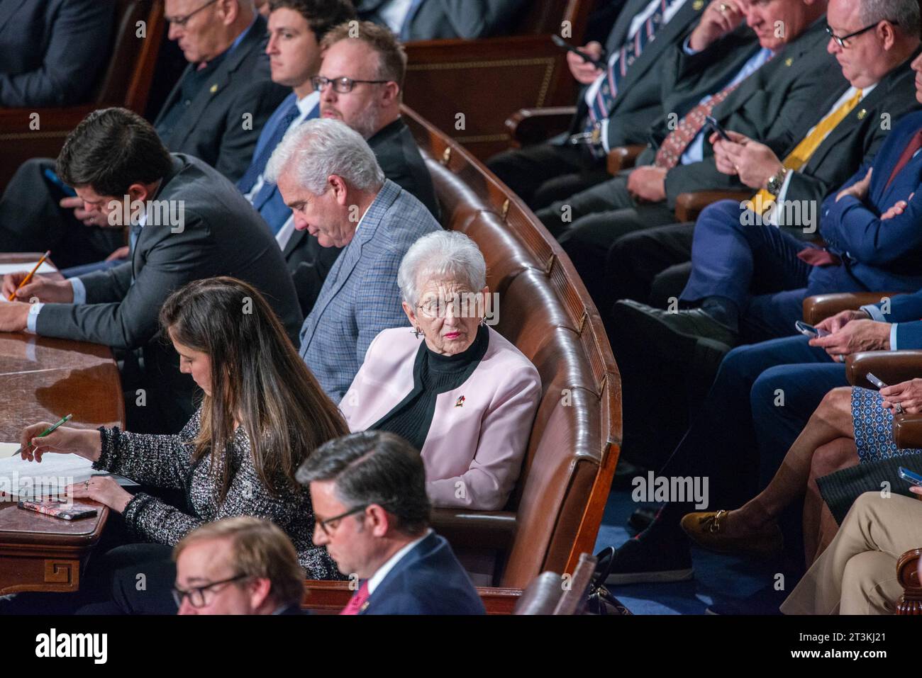 Washington, DC, USA. 25/10/2023, United States Representative Virginia Foxx (Republican of North Carolina) in the House Chamber after United States Representative Mike Johnson (Republican of Louisiana) is elected Speaker of the House Wednesday, October 25, 2023 in Washington, DC, USA. Foxx recently received media attention after “booing” a reporter who asked Johnson about his stance on overturning the 2020 election shortly after Johnson was named the GOP nominee. The party first nominated United States House Majority Leader Steve Scalise (Republican of Louisiana), who dropped out shortly after Stock Photo
