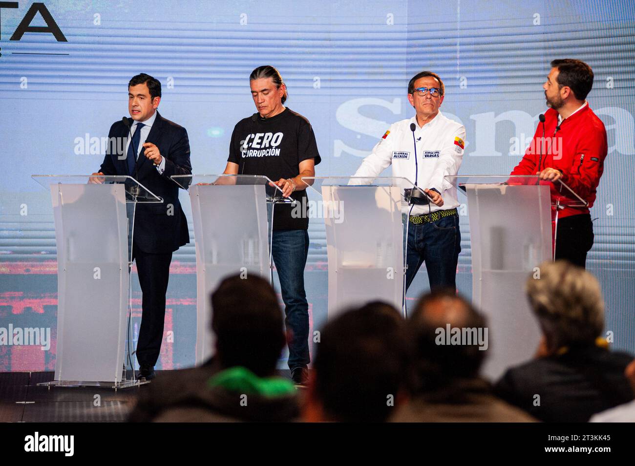 Bogota, Colombia. 25th Oct, 2023. Candidates Rodrigo Lara (L), Gustavo Bolivar (CL) Jorge Luis Vargas (CR) and Carlos Fernando Galan (R) during the last candidates debate before Colombia's regional elections on October 25, 2023. Photo by: Sebastian Barros/Long Visual Press Credit: Long Visual Press/Alamy Live News Stock Photo