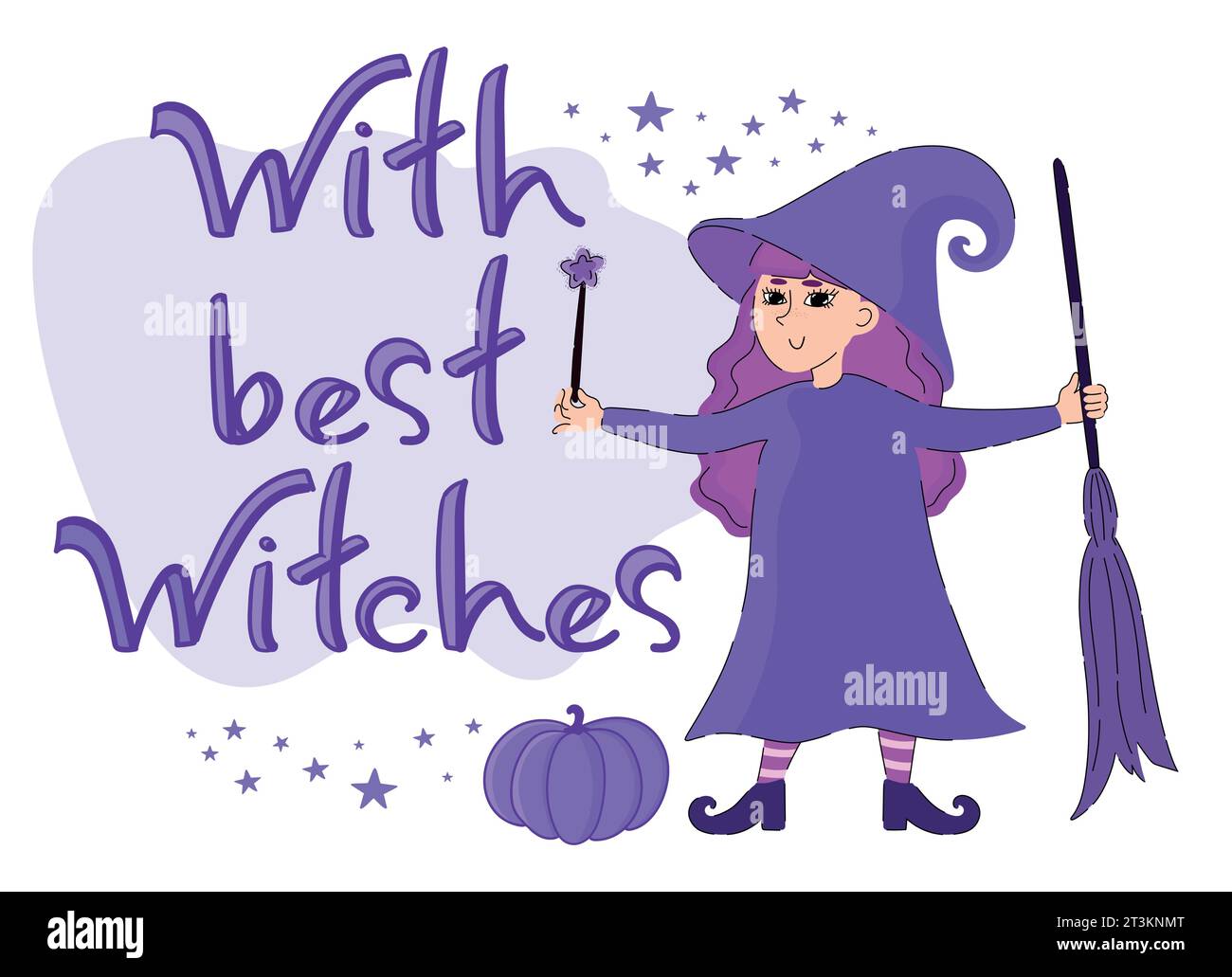 With best witches. Halloween illustration with lettering and hand drawn witch. Vector illustration Stock Vector