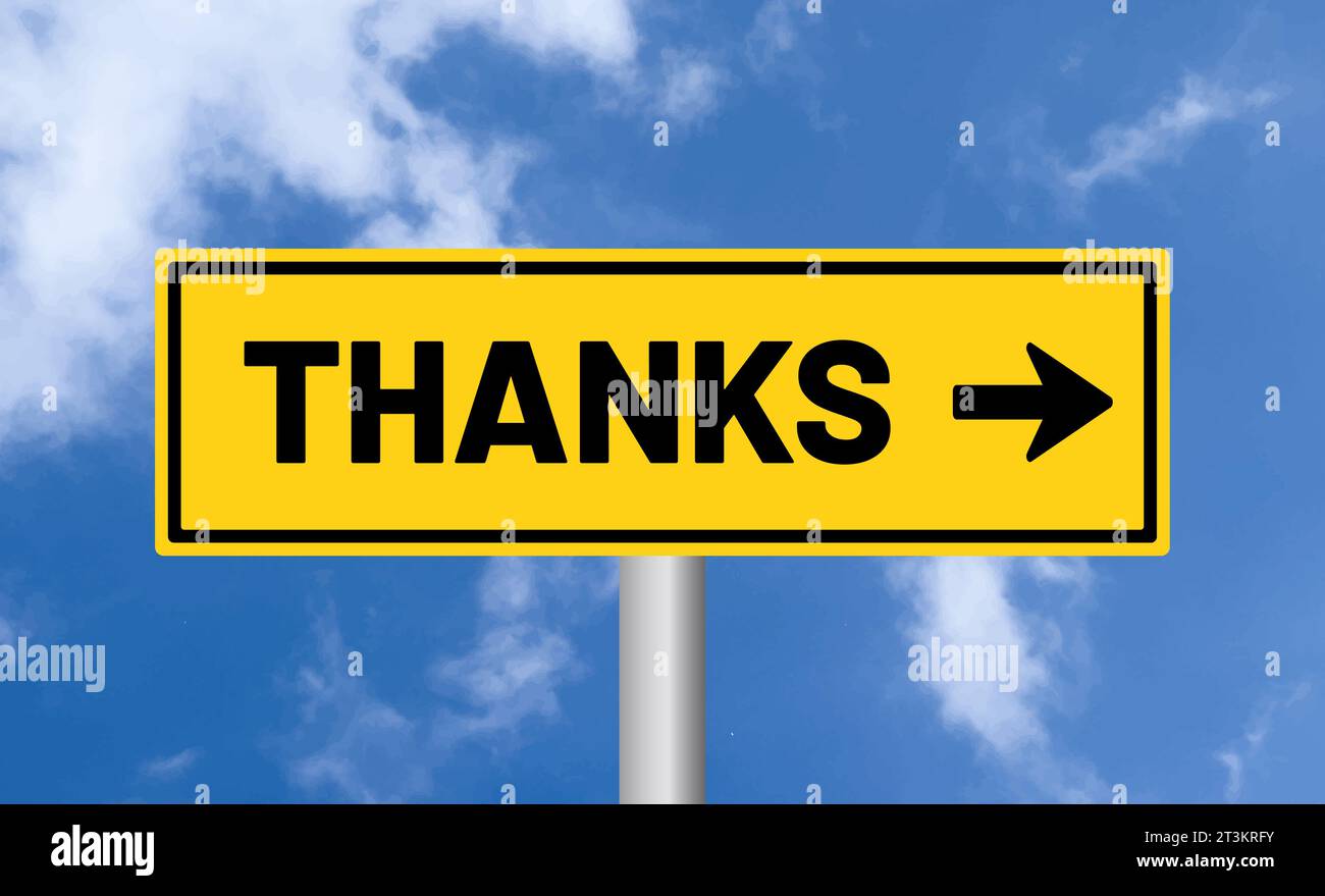 Thanks road sign on sky background Stock Photo - Alamy