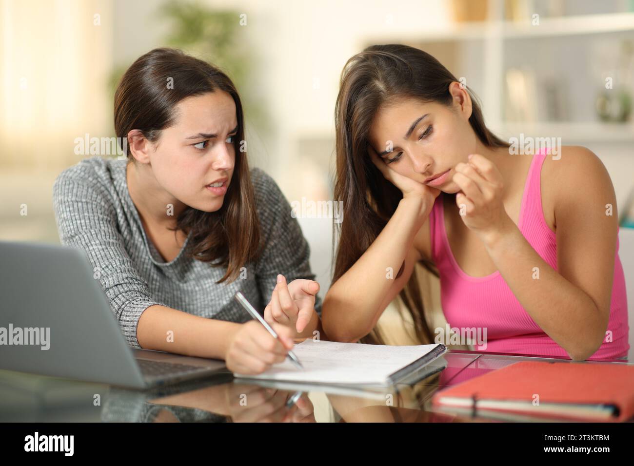 Student trying to study and another one wasting time at home Stock Photo