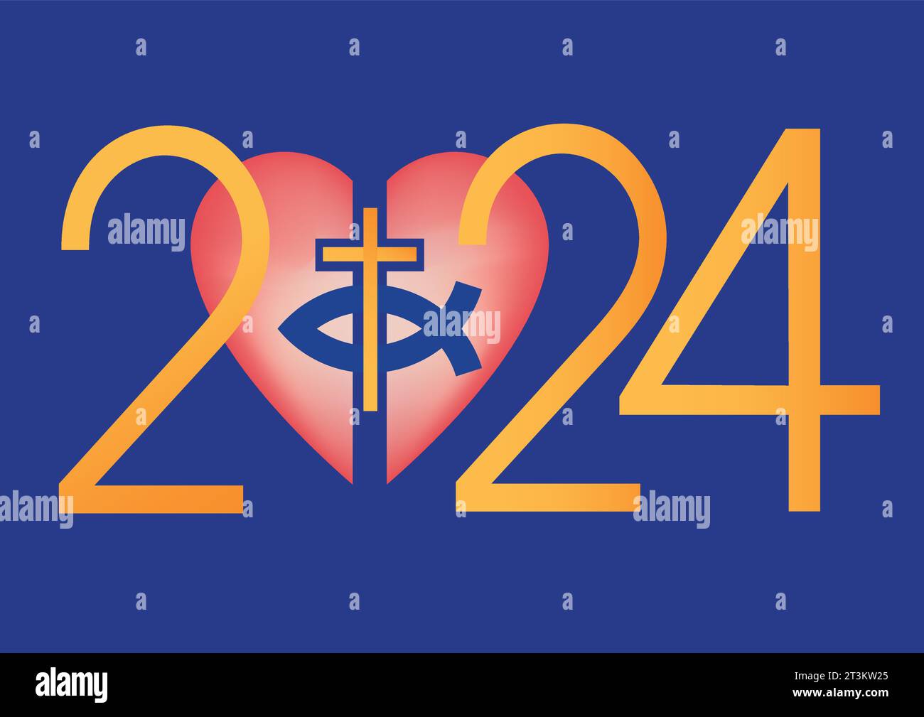 Jesus fish symbol inside a heart symbol, new year 2024. Christianity