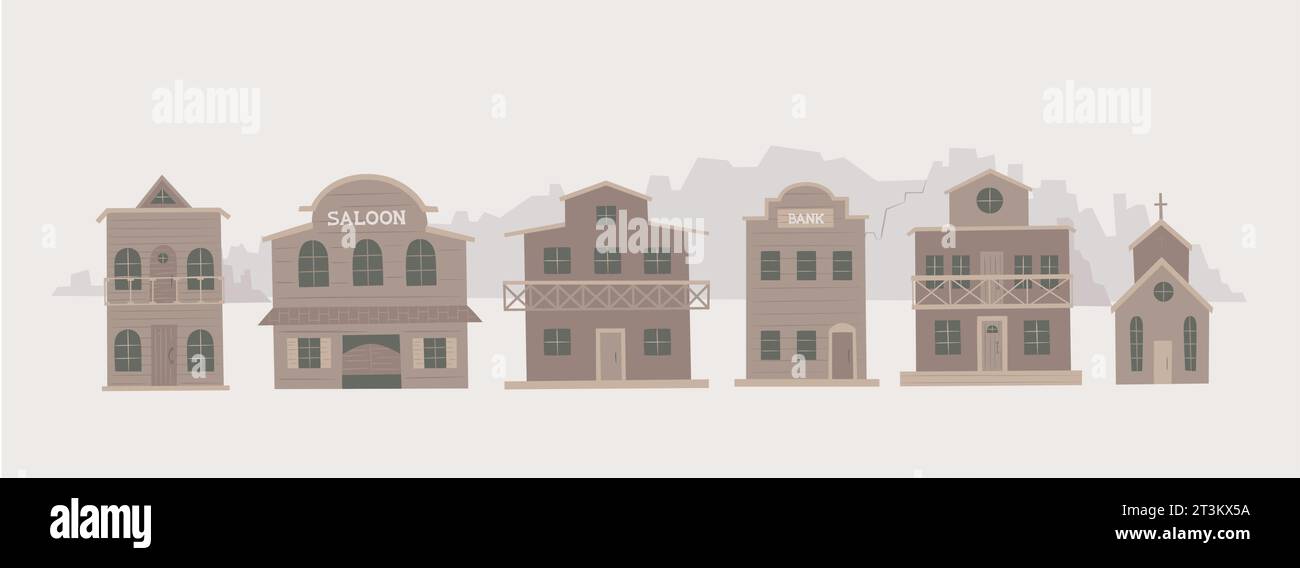 Wild west city wood buildings. Western town saloon, bank, house, church vector illustrations. Stock Vector