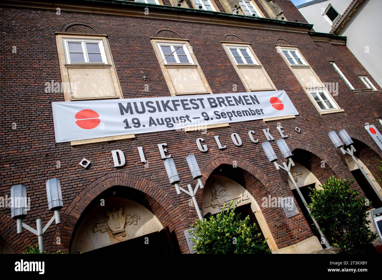 Bremen, Germany. 31st Aug, 2023. A banner with the words 'Musikfest Bremen' and the logo of the event hangs on the Glocke concert hall in the city center. Credit: Hauke-Christian Dittrich/dpa/Alamy Live News Stock Photo